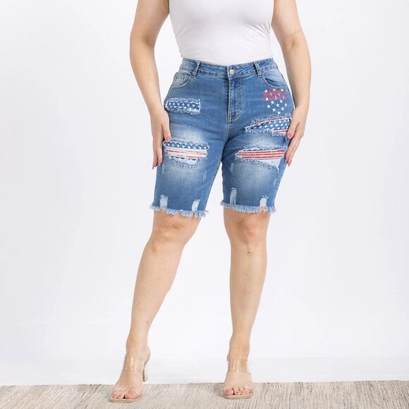 Light Blue Distressed Denim Bermuda Shorts Patriotic - Picture 2 of 10